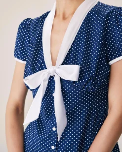 Blue Polka Dot Puffed Sleeve Blouse