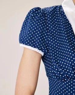 Blue Polka Dot Puffed Sleeve Blouse