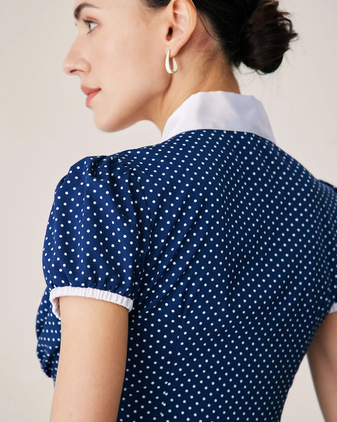 Blue Polka Dot Puffed Sleeve Blouse