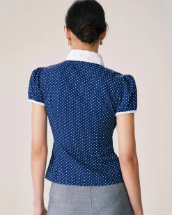 Blue Polka Dot Puffed Sleeve Blouse