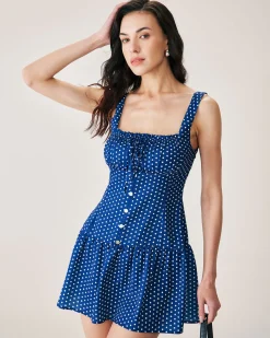 Blue Polka Dot Ruched Slip Mini Dress