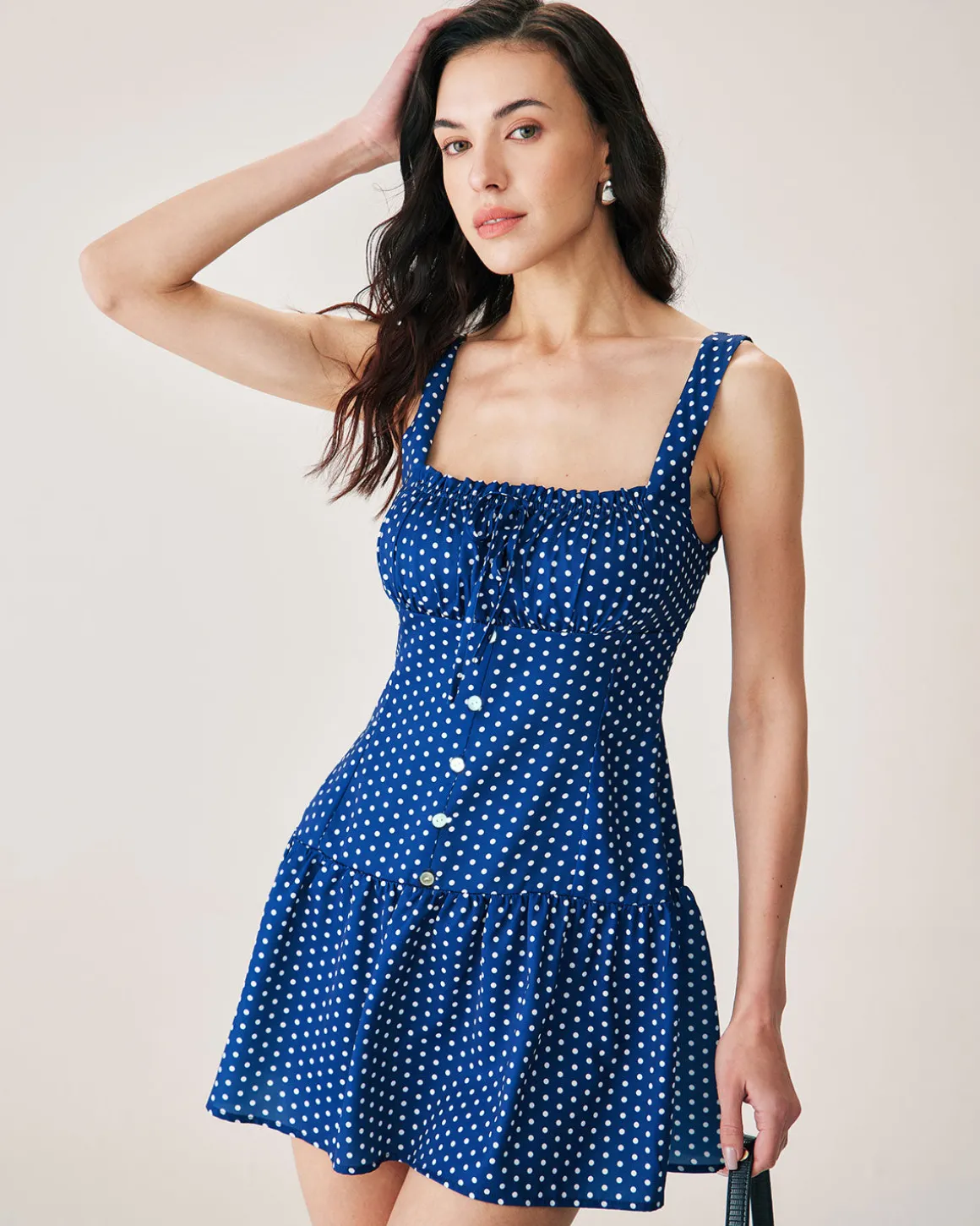 Blue Polka Dot Ruched Slip Mini Dress
