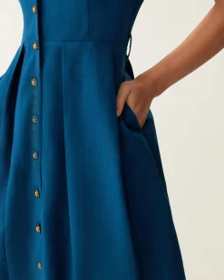 Blue Puffed Sleeve Button Mini Dress