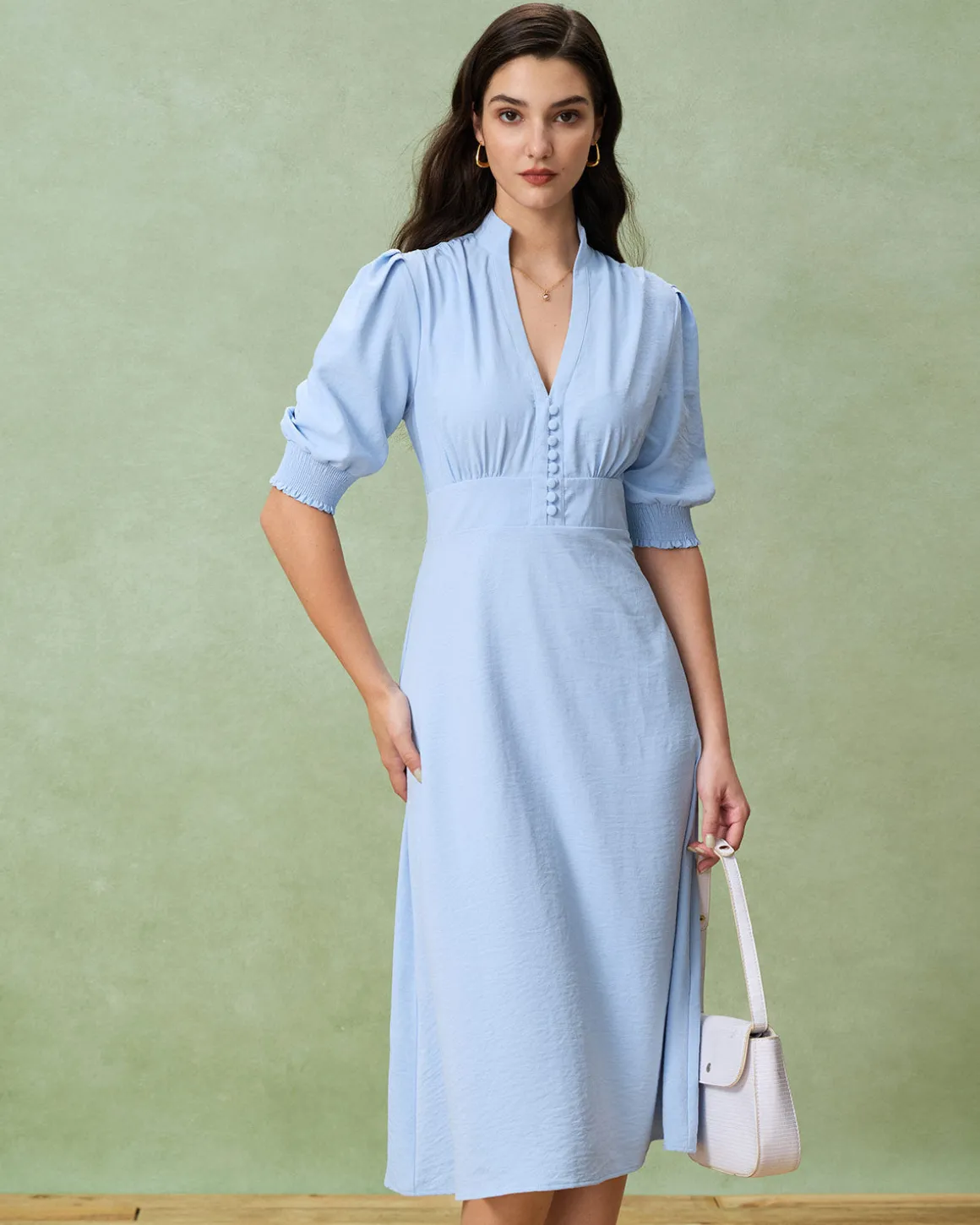 Blue Puffed Sleeve Pleated Midi Dress