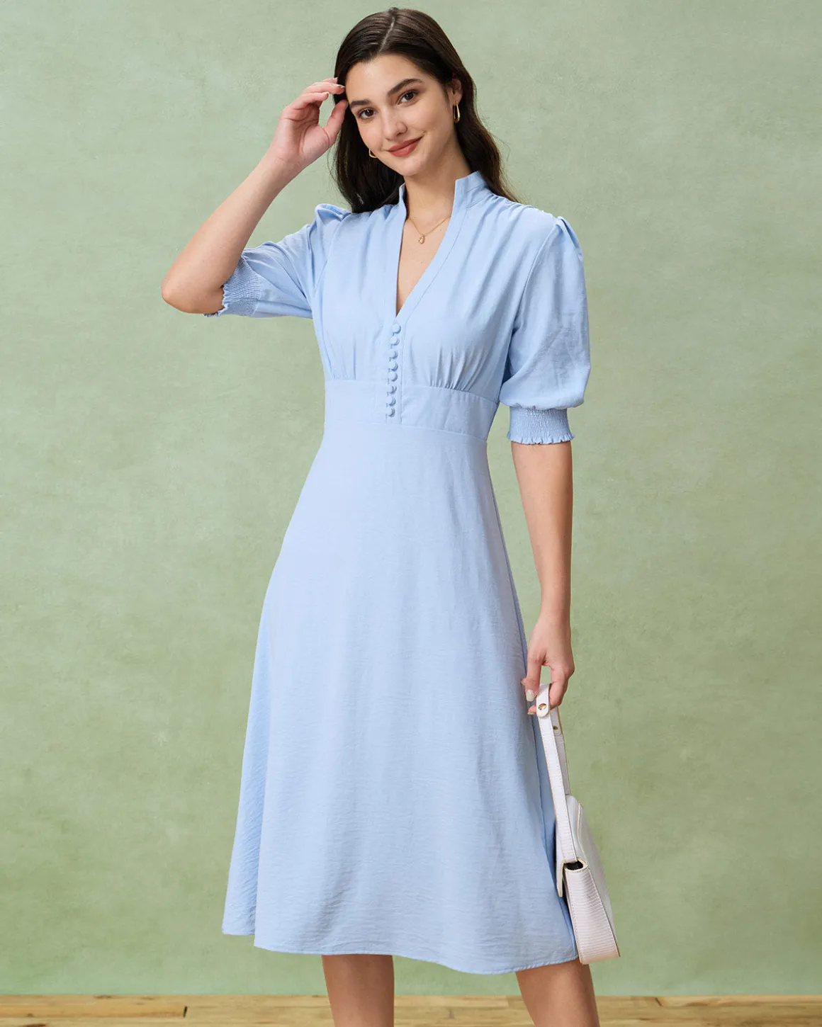 Blue Puffed Sleeve Pleated Midi Dress