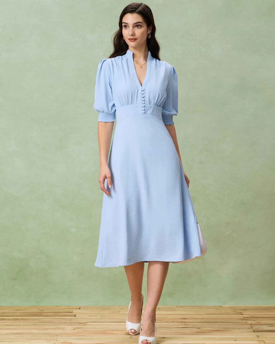 Blue Puffed Sleeve Pleated Midi Dress
