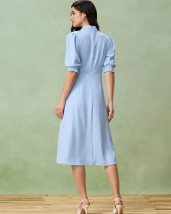 Blue Puffed Sleeve Pleated Midi Dress