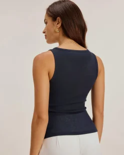 Blue Round Neck Button Tank Top
