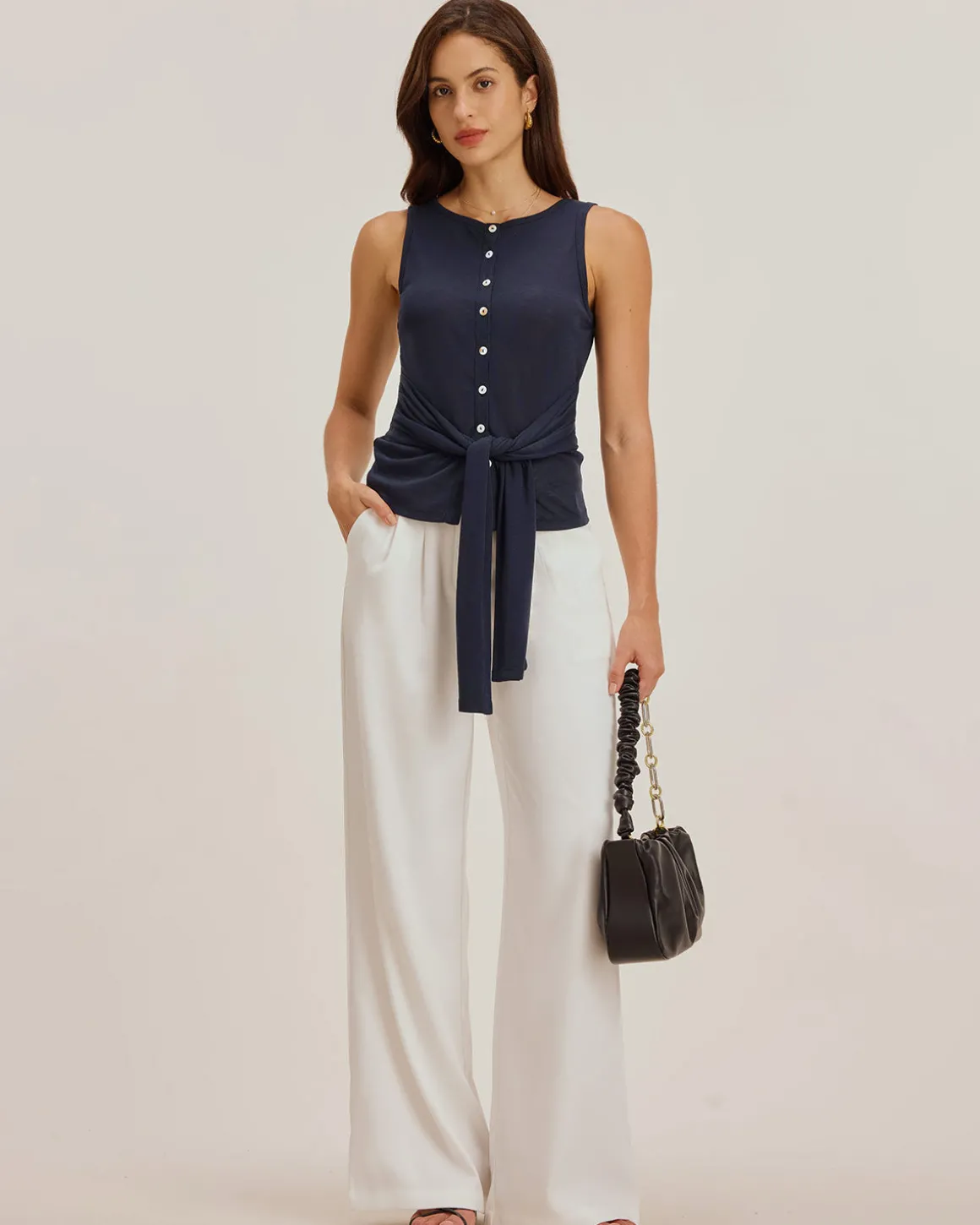 Blue Round Neck Button Tank Top