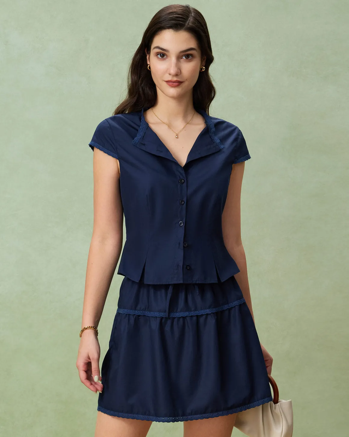 Blue Round Neck Embroidery Blouse