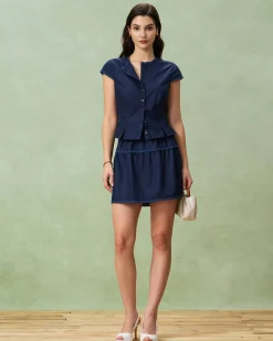 Blue Round Neck Embroidery Blouse