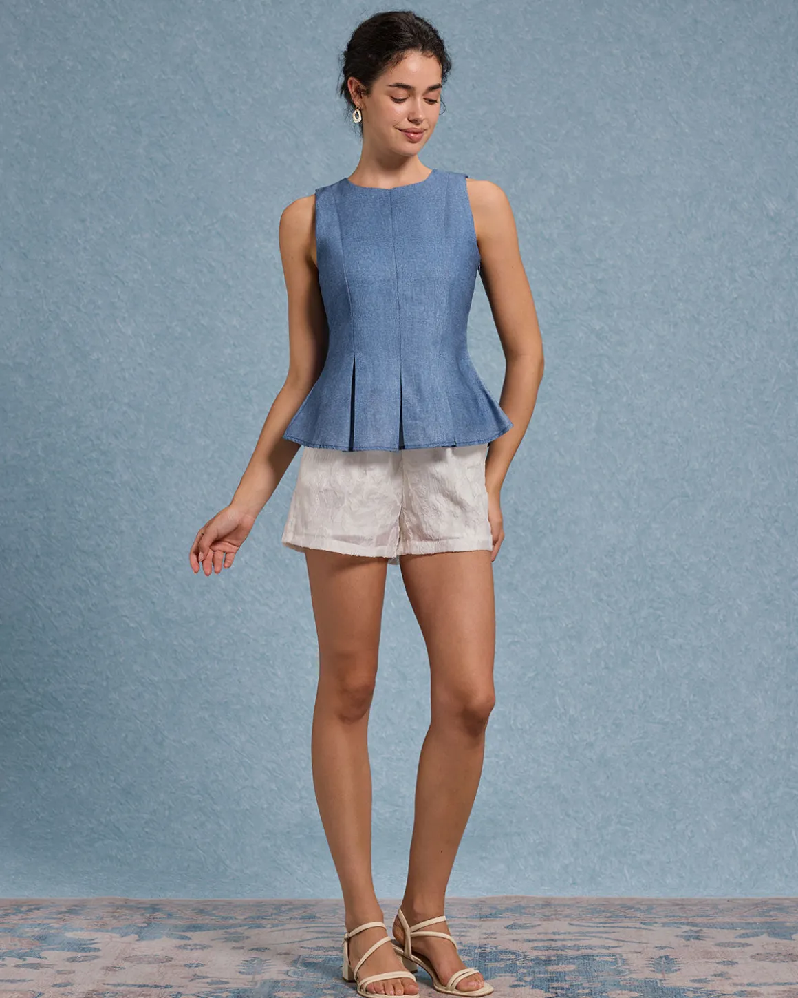 Blue Round Neck Ruched Tank Top