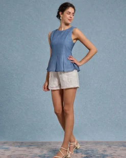 Blue Round Neck Ruched Tank Top