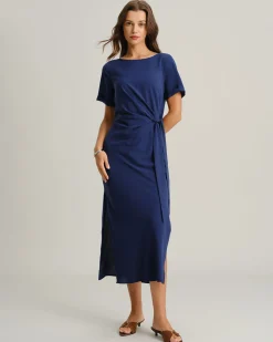 Blue Round Neck Short Sleeve Maxi Dress