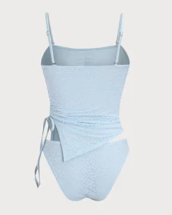 Blue Ruched Lace Tankini Swimsuit