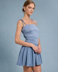 Blue Ruched Tie Strap Mini Dress
