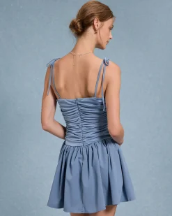 Blue Ruched Tie Strap Mini Dress