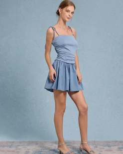 Blue Ruched Tie Strap Mini Dress