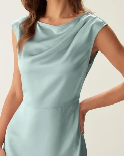 Blue Satin Boat Neck Slit Sleeveless Midi Dress