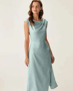 Blue Satin Boat Neck Slit Sleeveless Midi Dress