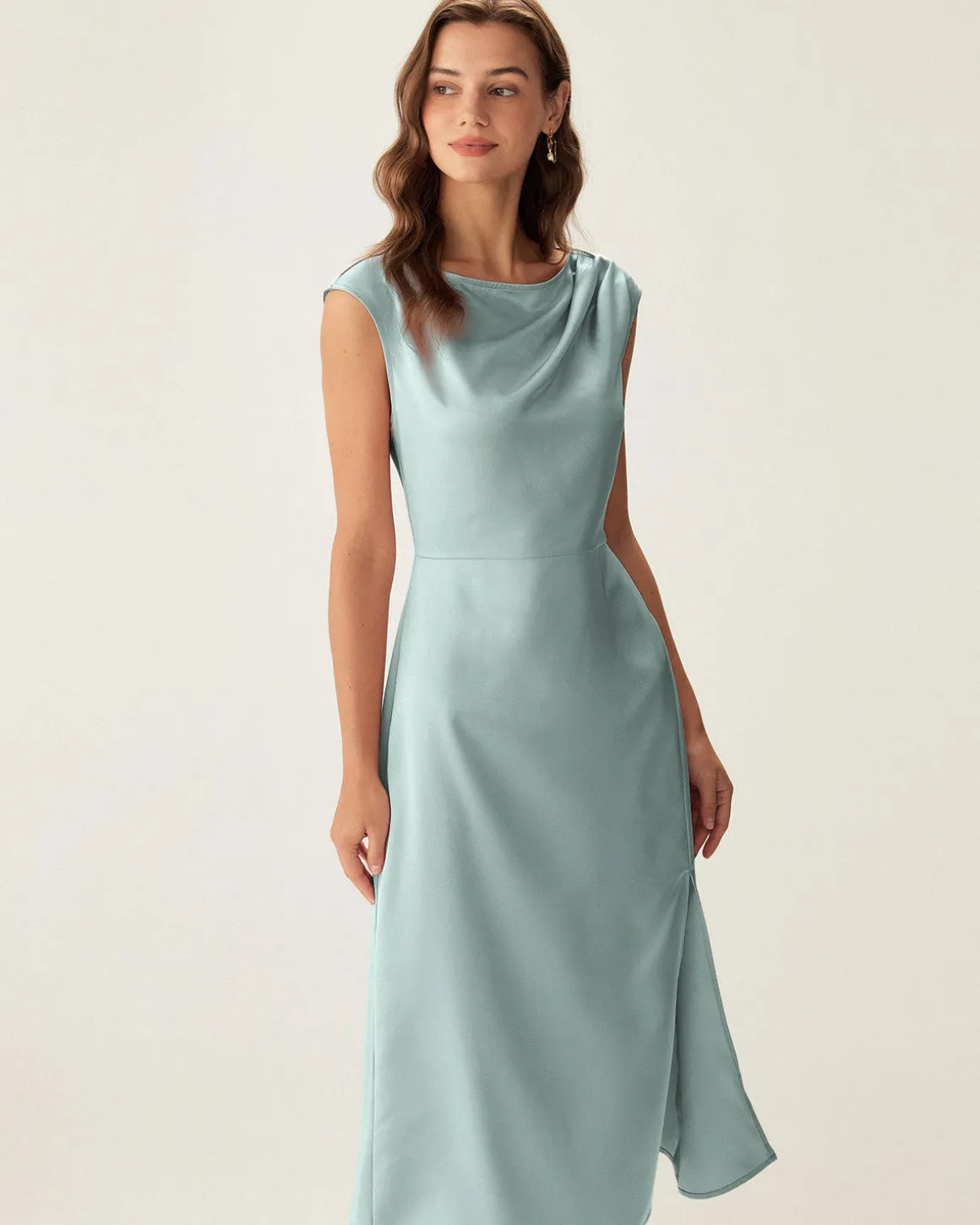 Blue Satin Boat Neck Slit Sleeveless Midi Dress