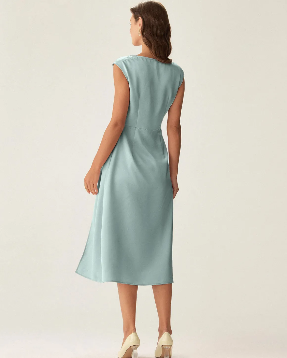 Blue Satin Boat Neck Slit Sleeveless Midi Dress