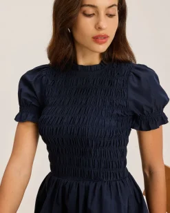 Blue Shirred Puffed Sleeve Mini Dress