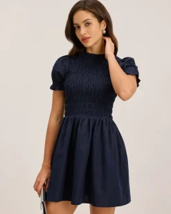 Blue Shirred Puffed Sleeve Mini Dress