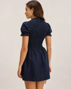 Blue Shirred Puffed Sleeve Mini Dress