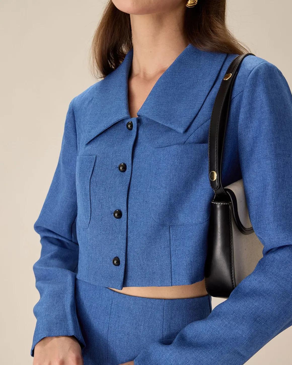 Blue Single-Breasted Pocket Crop Jacket