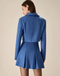 Blue Single-Breasted Pocket Crop Jacket