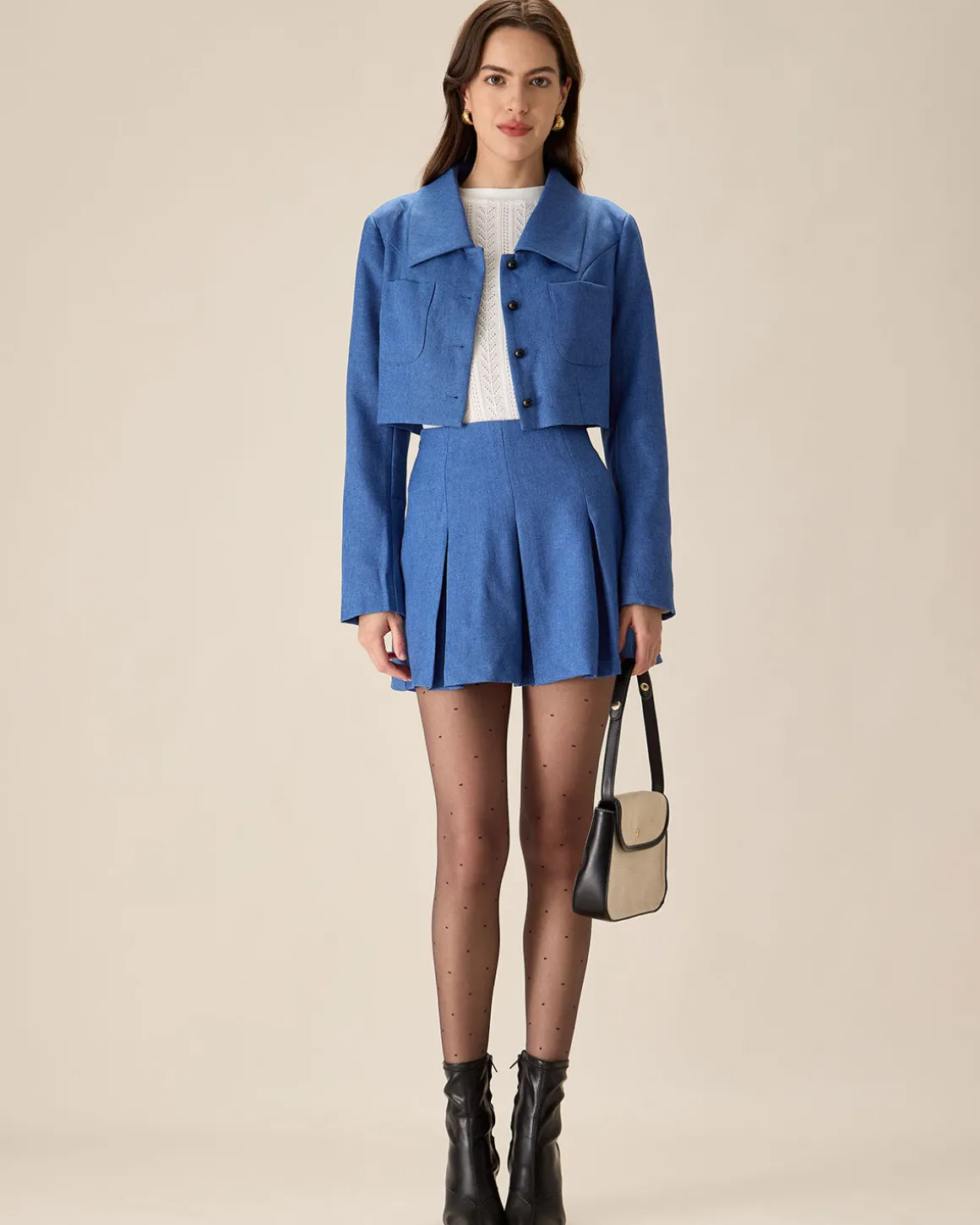 Blue Single-Breasted Pocket Crop Jacket