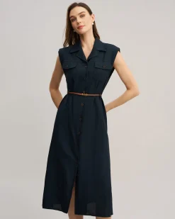 Blue Sleeveless Belted Midi Dress