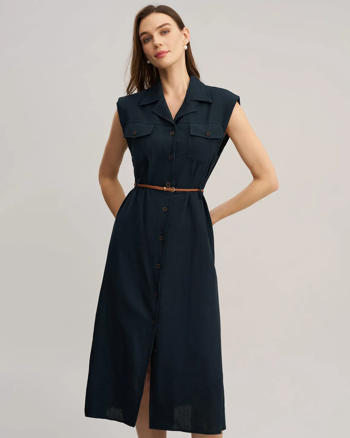 Blue Sleeveless Belted Midi Dress