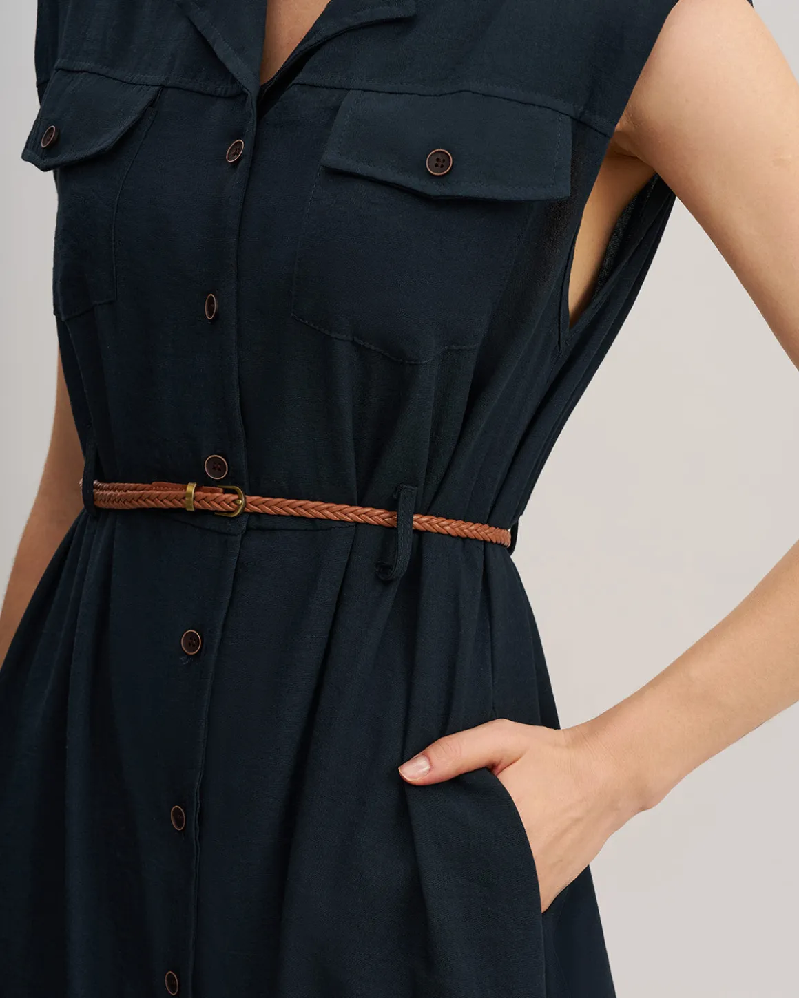 Blue Sleeveless Belted Midi Dress