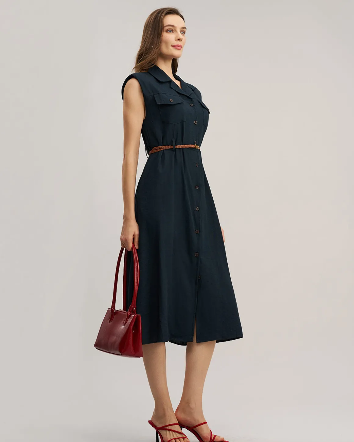 Blue Sleeveless Belted Midi Dress