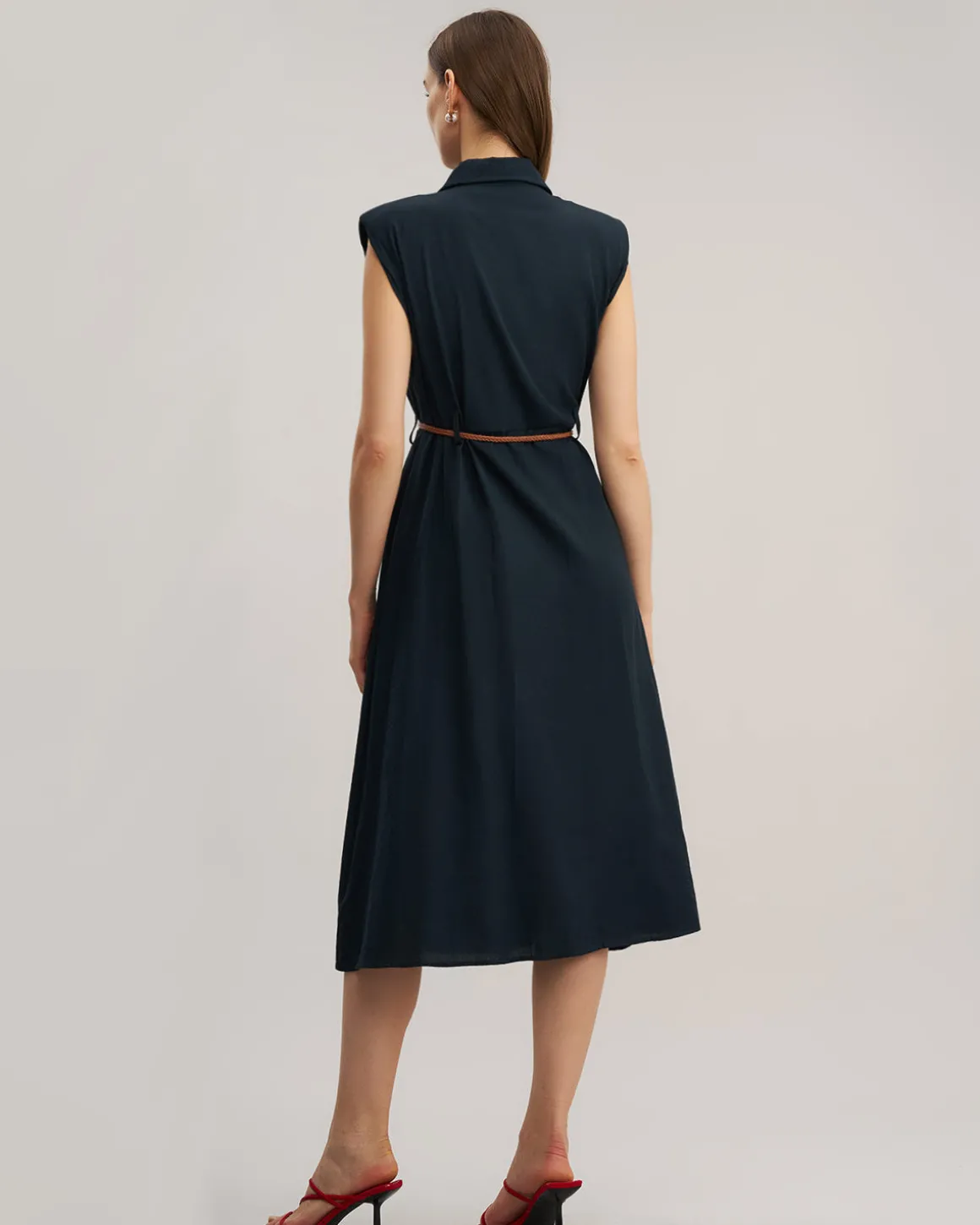Blue Sleeveless Belted Midi Dress