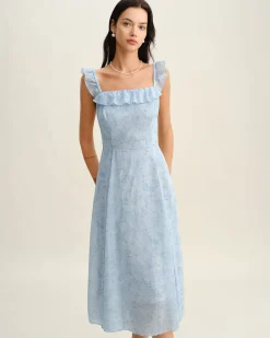 Blue Square Neck Ruffle Midi Dress