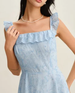 Blue Square Neck Ruffle Midi Dress