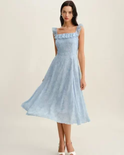 Blue Square Neck Ruffle Midi Dress