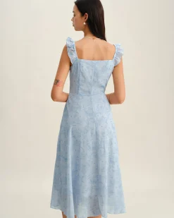 Blue Square Neck Ruffle Midi Dress