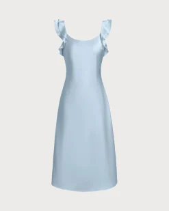 Blue Square Neck Ruffle Satin Midi Dress