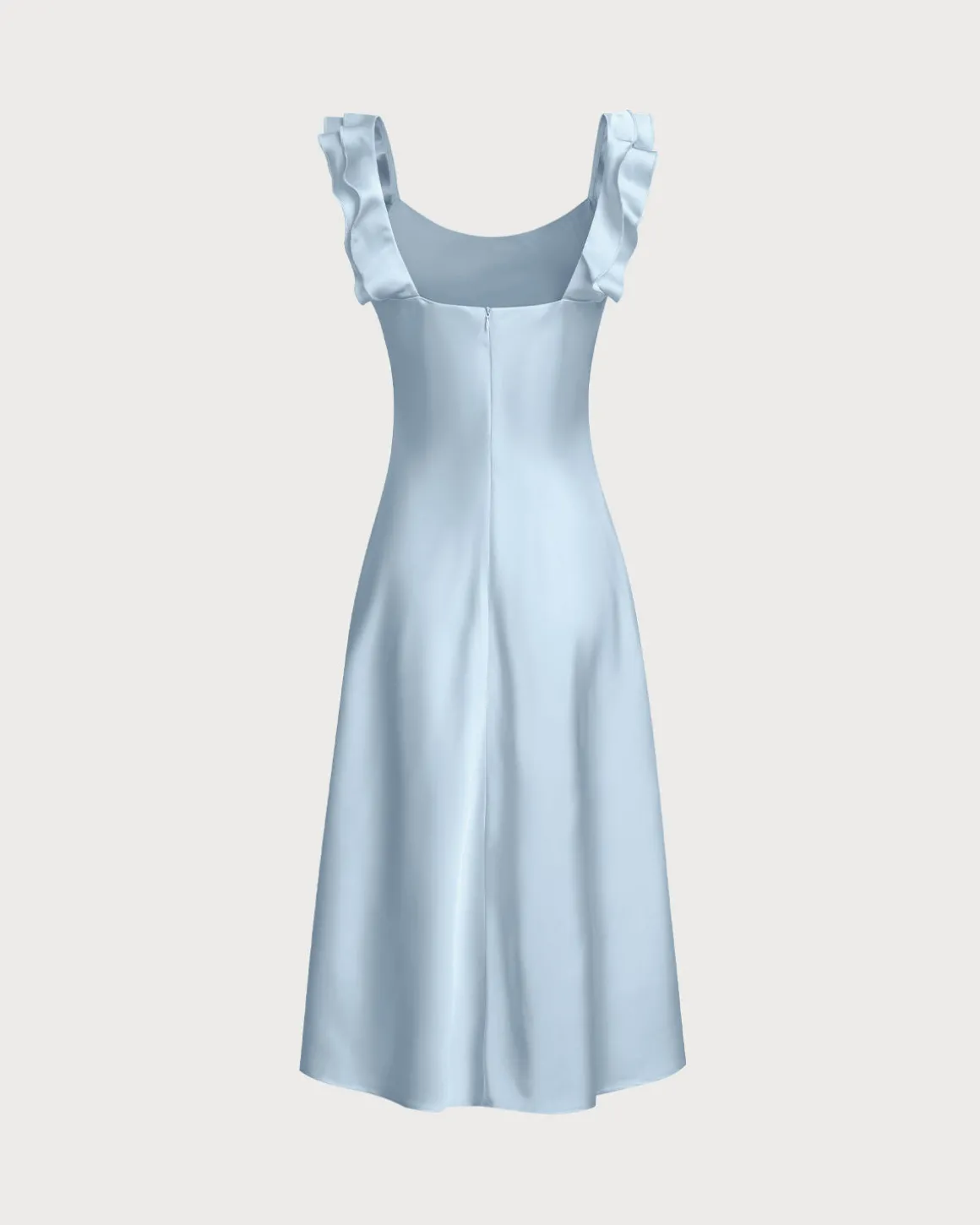 Blue Square Neck Ruffle Satin Midi Dress