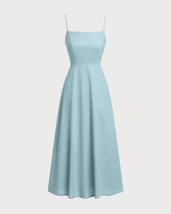 Blue Square Neck Shirred Slip Midi Dress