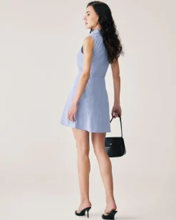 Blue Striped Button Mini Dress