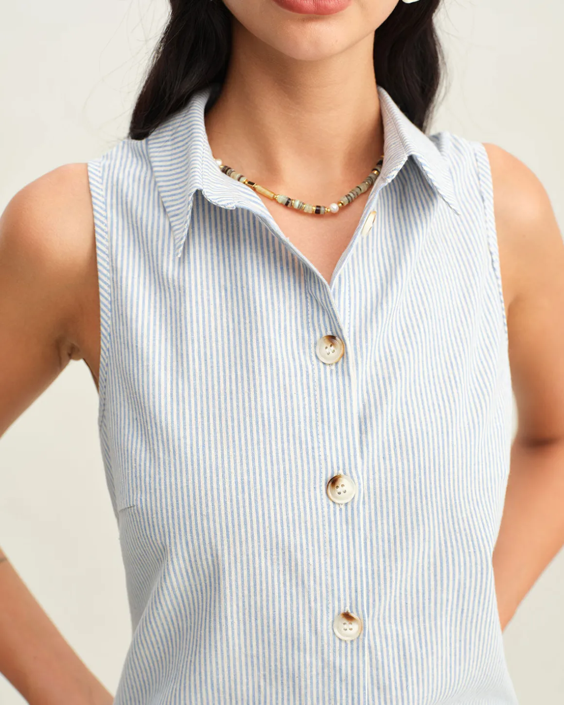 Blue Striped Button Sleeveless Blouse
