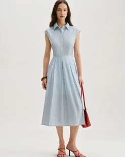 Blue Striped Cap Sleeve Midi Dress