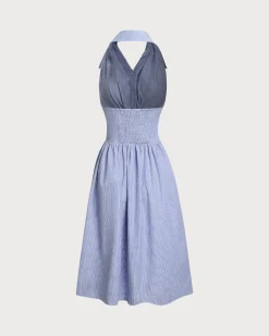 Blue Striped Twist Backless Midi Dress