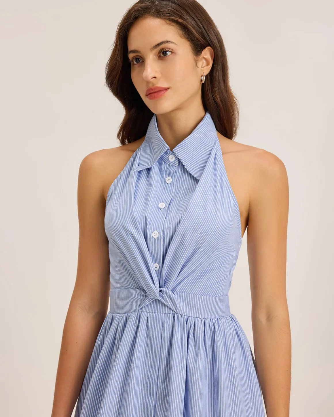 Blue Striped Twist Backless Midi Dress