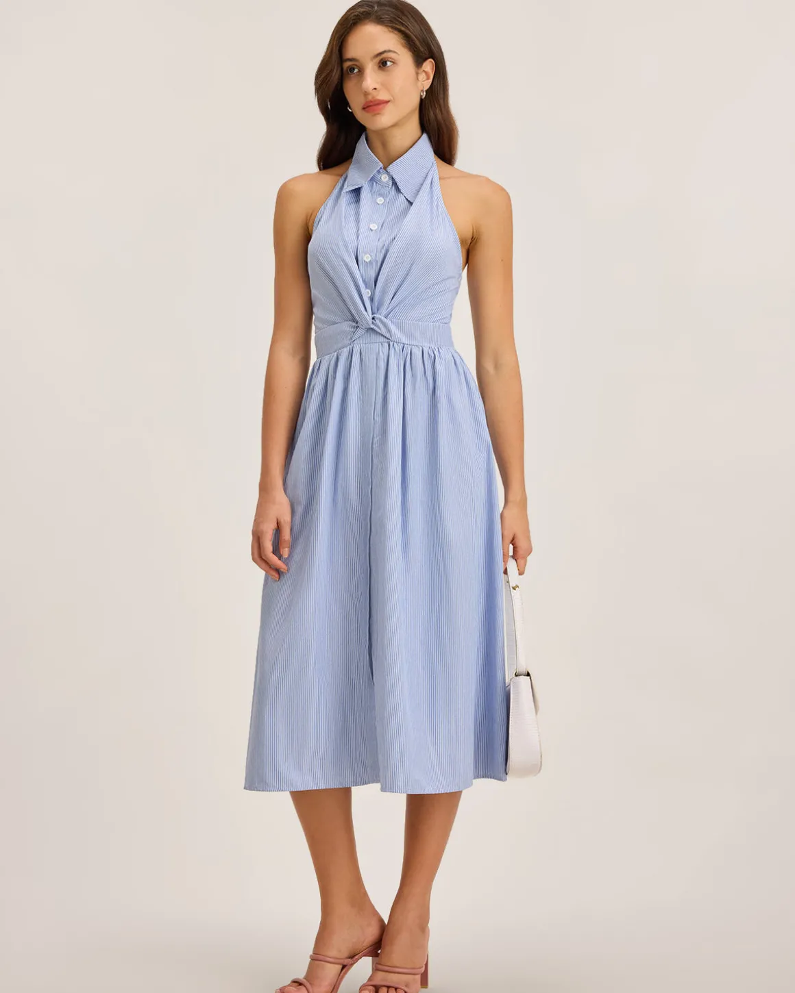 Blue Striped Twist Backless Midi Dress